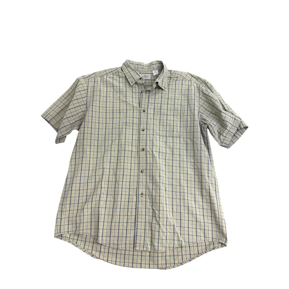 LL Bean Mens Short Sleeve Plaid Button Down Shirt Tan Blue Large 0SY07